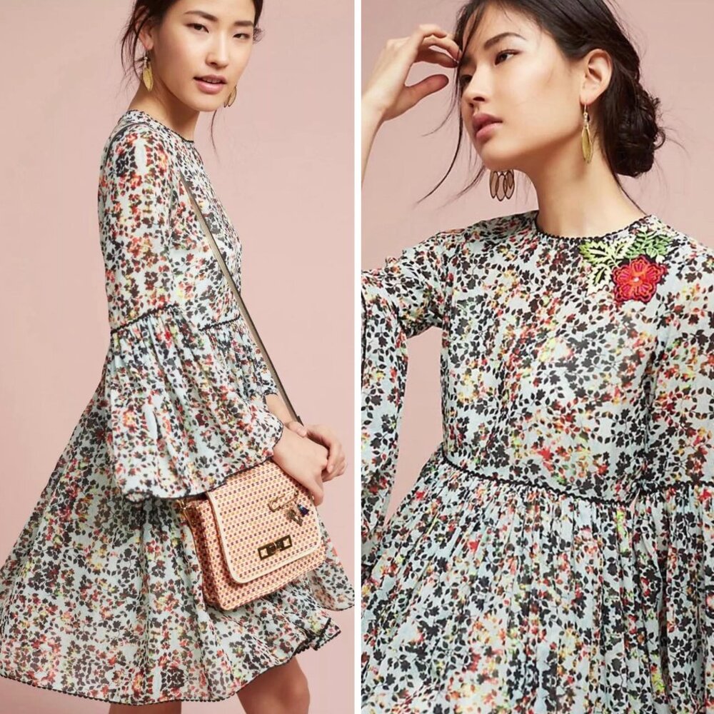 Anthropologie Floral Bell Sleeve Dress - Multicolor